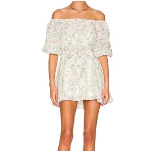 MINKPINK Irwin White Eyelet Mint Green Yellow Floral Mini Dress XS Puff Sleeves
